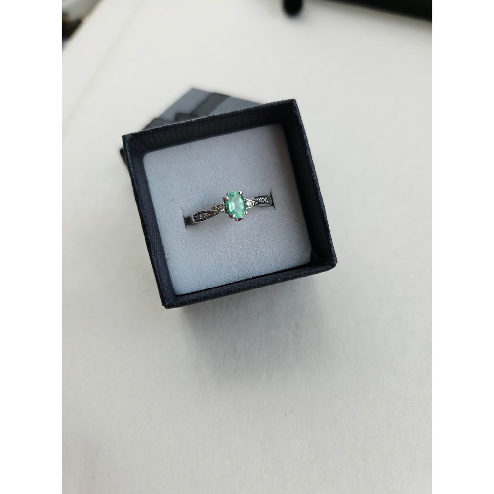 Sterling Silver Emerald and Diamond Oval Ring Size 7 May Birthstone New